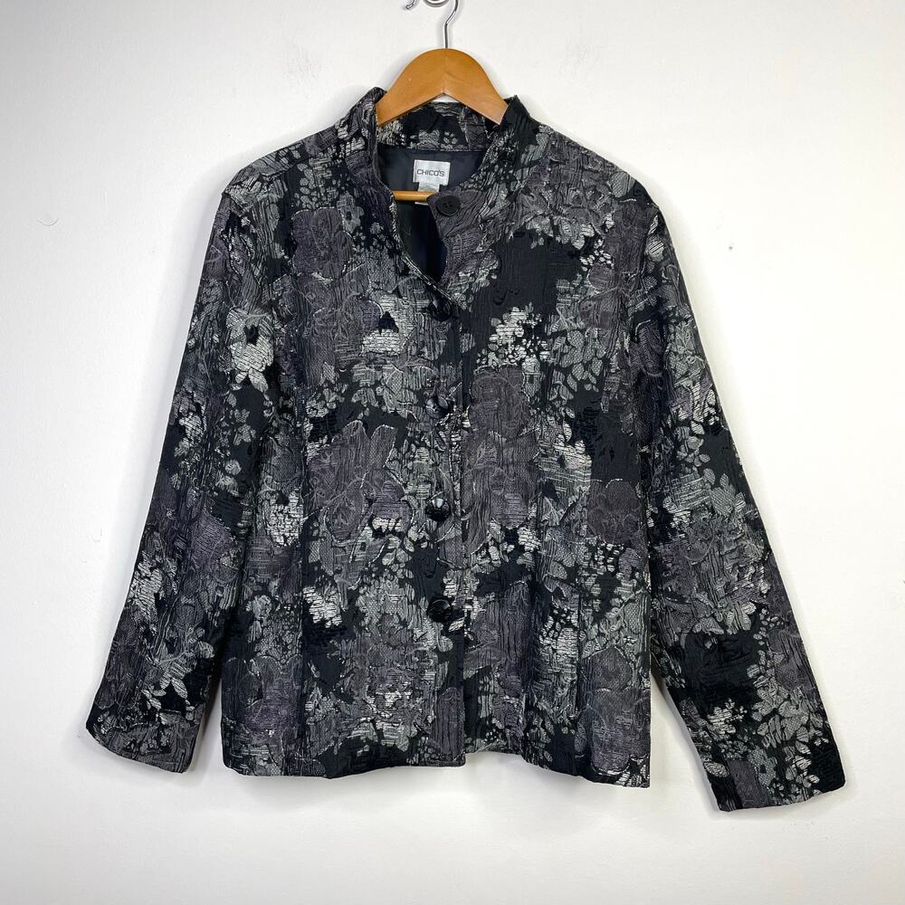 Chicos Black Purple Gray Silver Floral Chenille Sparkle Jacket Womens 3 XL 16 18